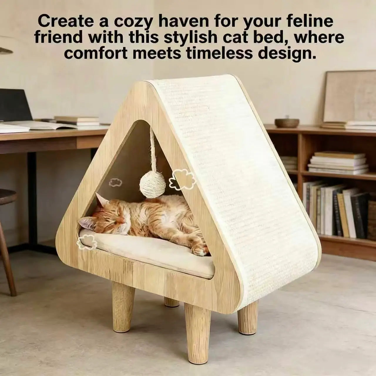 2-in-1 Wooden Cat Cave & Scratcher: Elevated Triangle Hideaway with Cushion & Toy, for Indoor Cat Comfort
