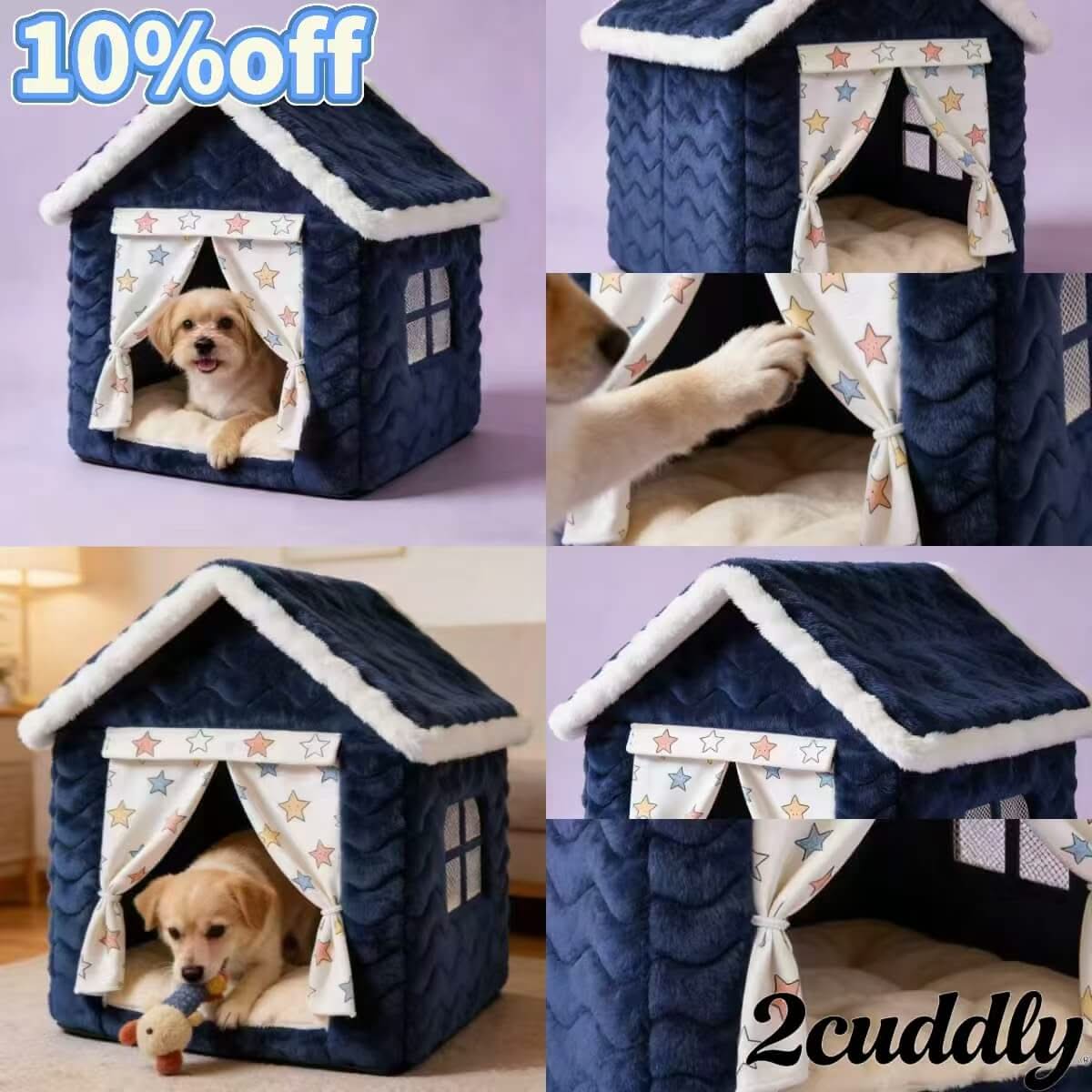 Star-House Pet Cave Bed for Dogs - Curtain Design, Cozy, Navy, Star-Print, All-Season