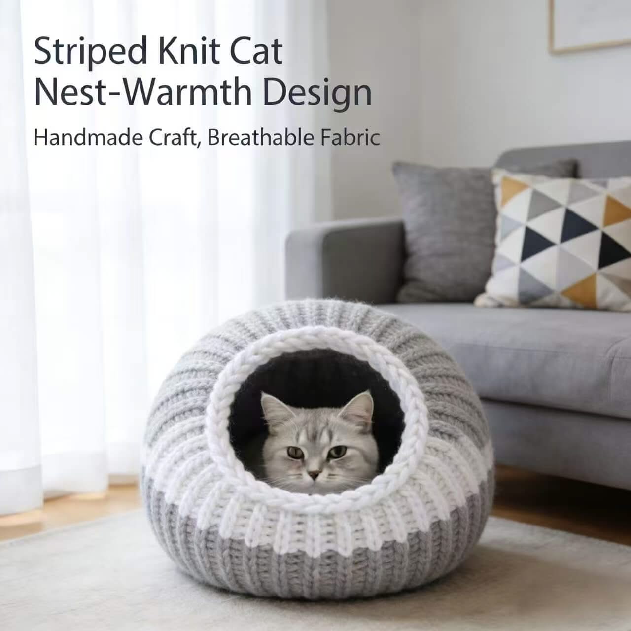 Two-Tone Knit Pet Cave Bed for Cats - Gray-White, Cozy Hiding Spot, Soft Cushion