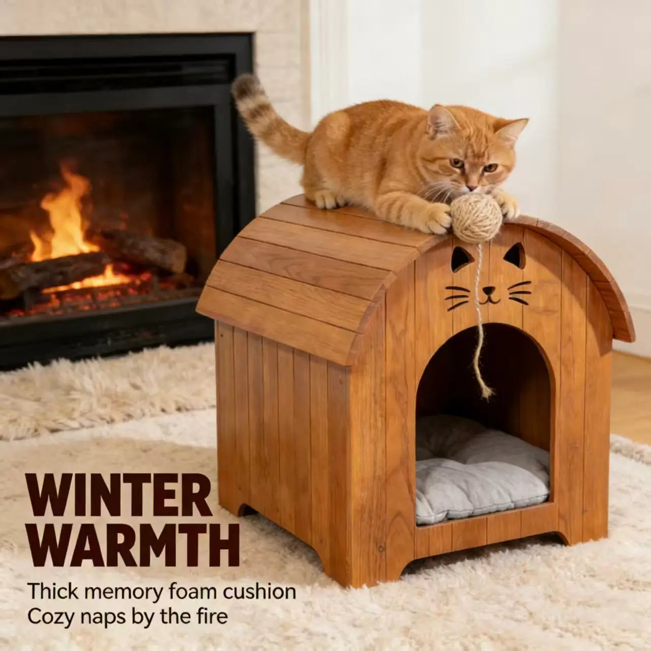 Cute Cat-Face Wooden Cat House - Curved Roof, Cushioned, For Indoor Cats