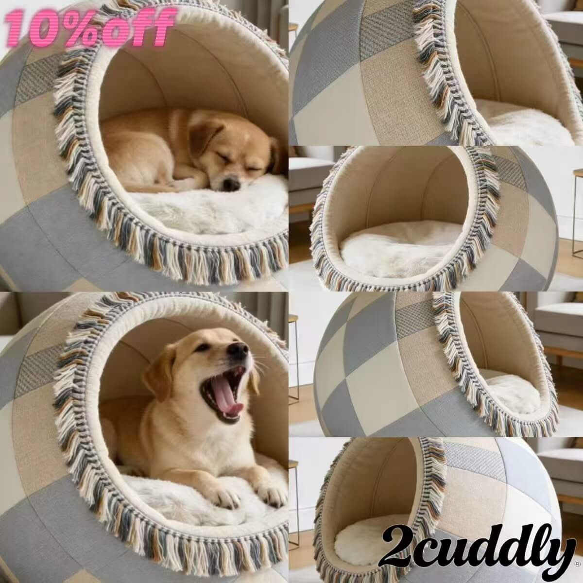 Modern Home Dog Bed, Minimalist Cave Design, Soft Fleece, Gray/Beige, Fringe Trim