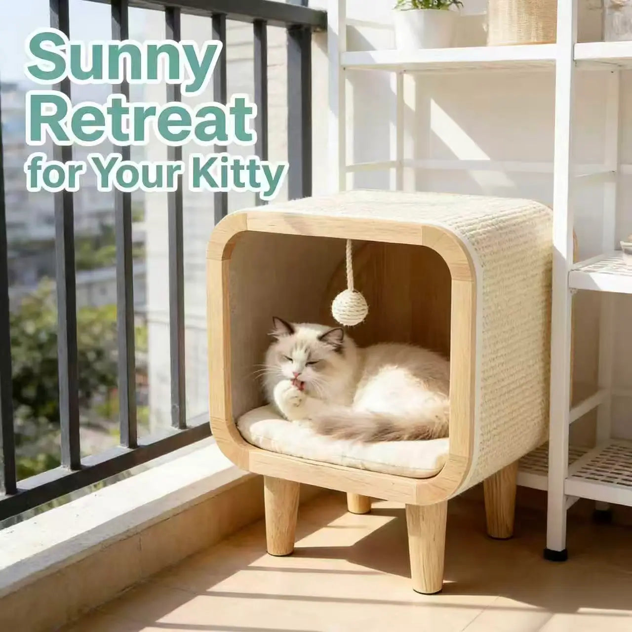 Square Wooden Cat Cave & Scratcher: Elevated Hideaway with Cushion & Toy, Modern Furniture for Indoor Cats