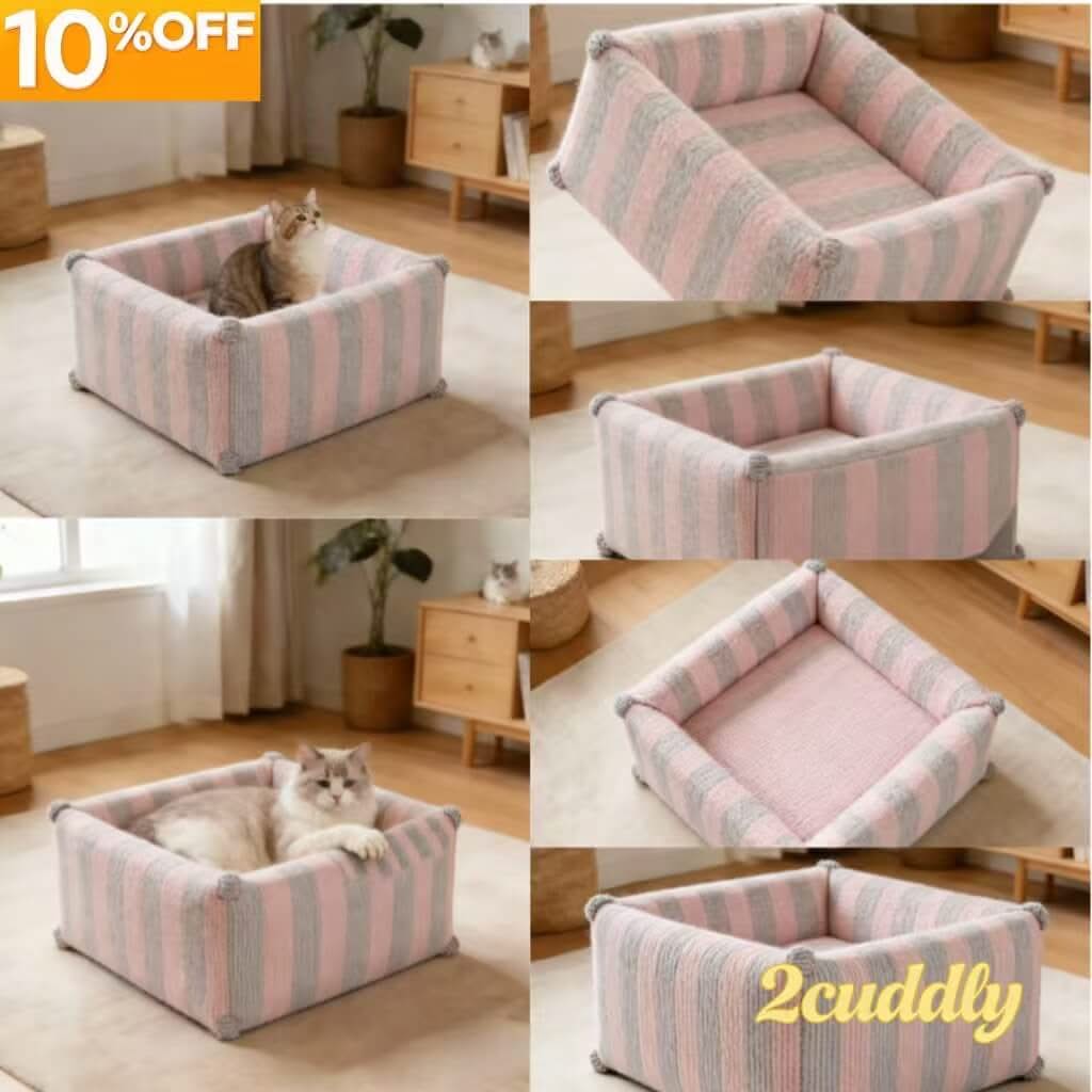 Cozy Knit Pet Bed for Cats - Pink-Gray, Striped, Square, Pom-Pom Corner Decor