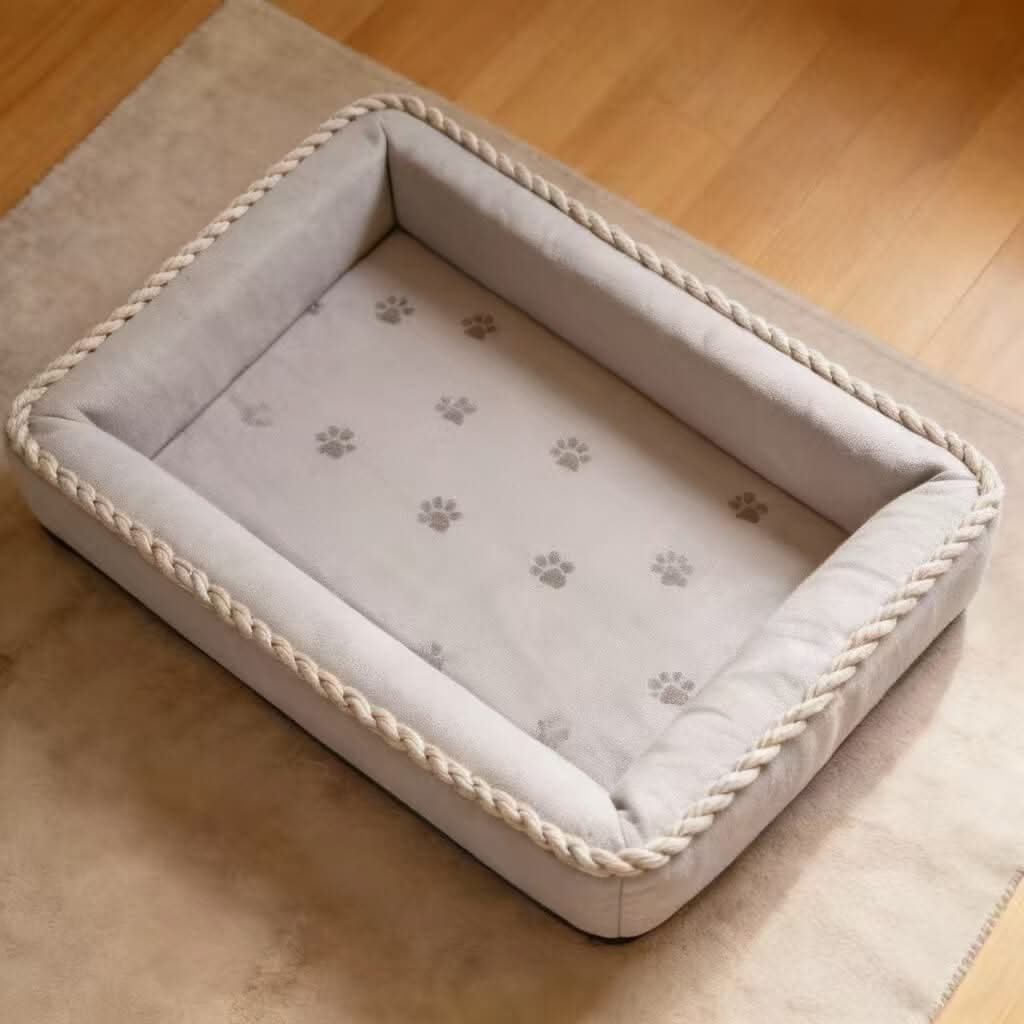 Cozy Pet Bed for Cats- Rope-Trimmed, Paw-Print Pattern, Soft Fabric, Light Gray, All-Season