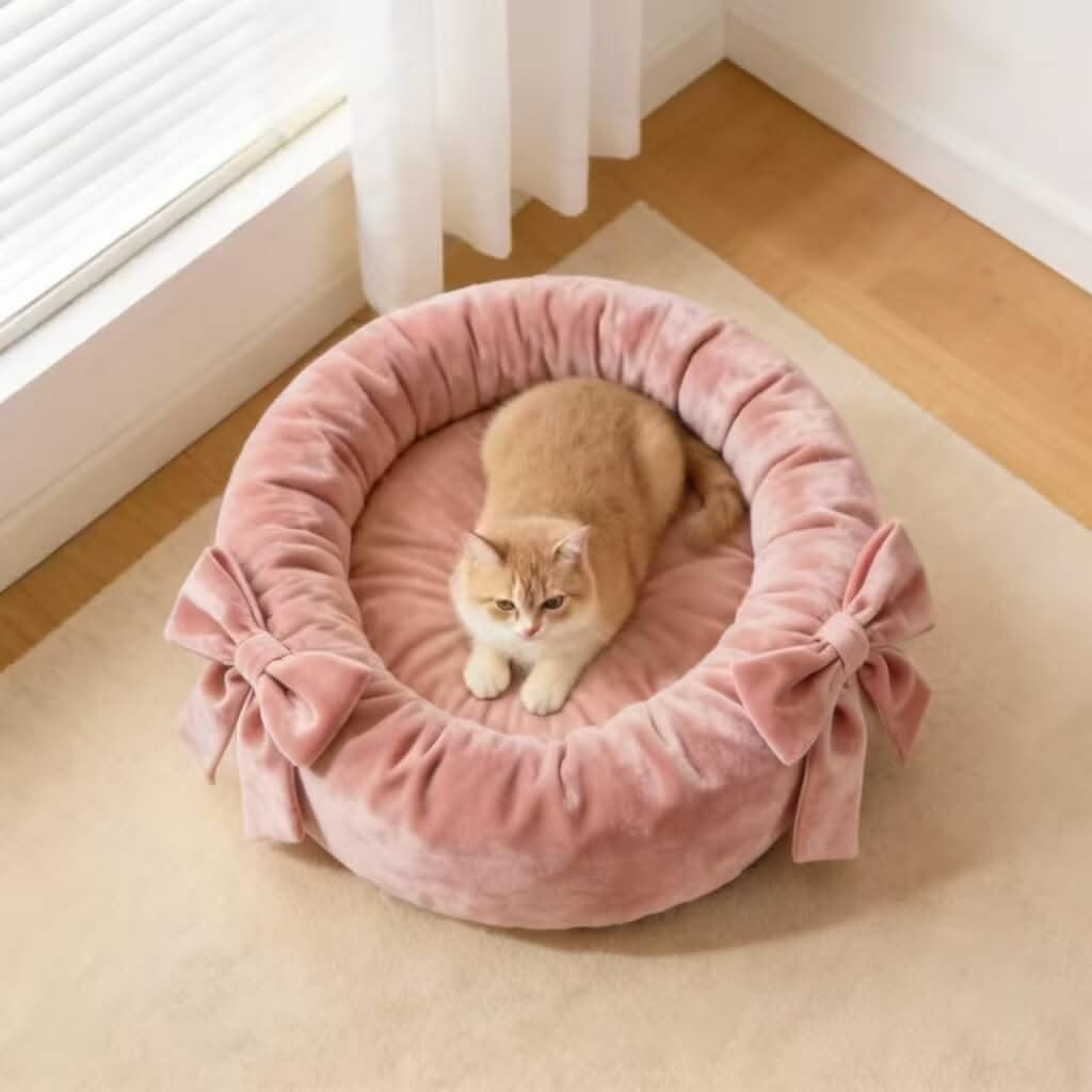 Velvet Pet Bed for Cats - Pink, Round, Bow Decor, Soft Plush