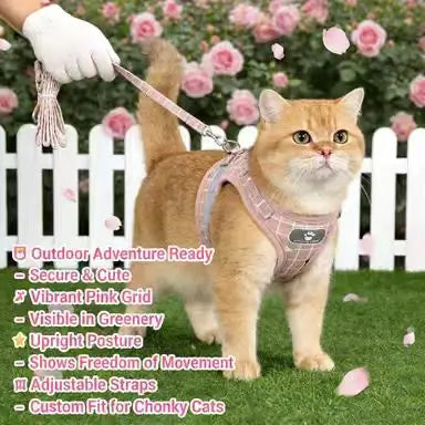 Reflective Escape-Proof Cat Harness & Leash: Breathable Mesh, Grid Pattern