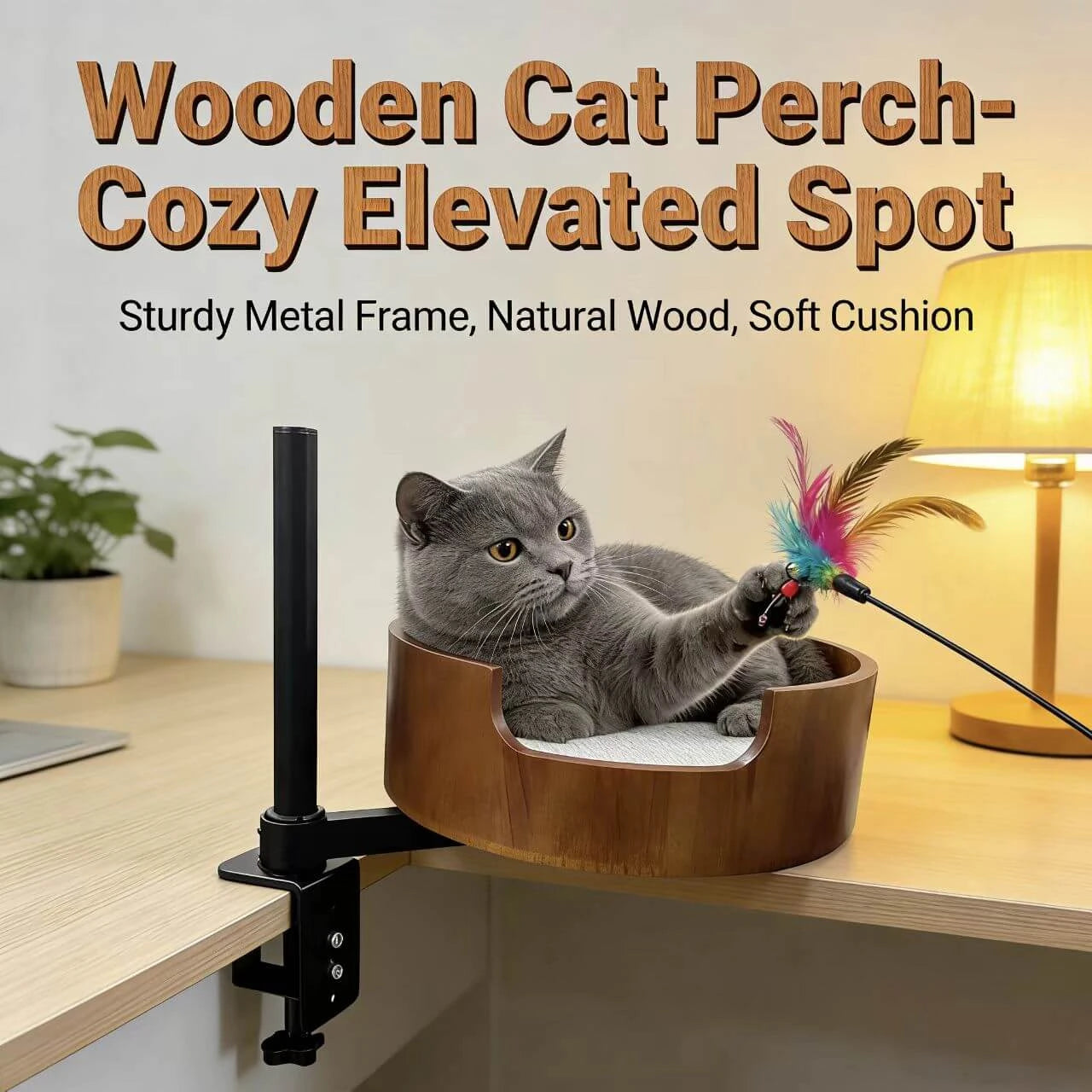 Height-Adjustable Pet Perch for Cats - Wooden Frame, Clamp Mount, Brown Rest Bed