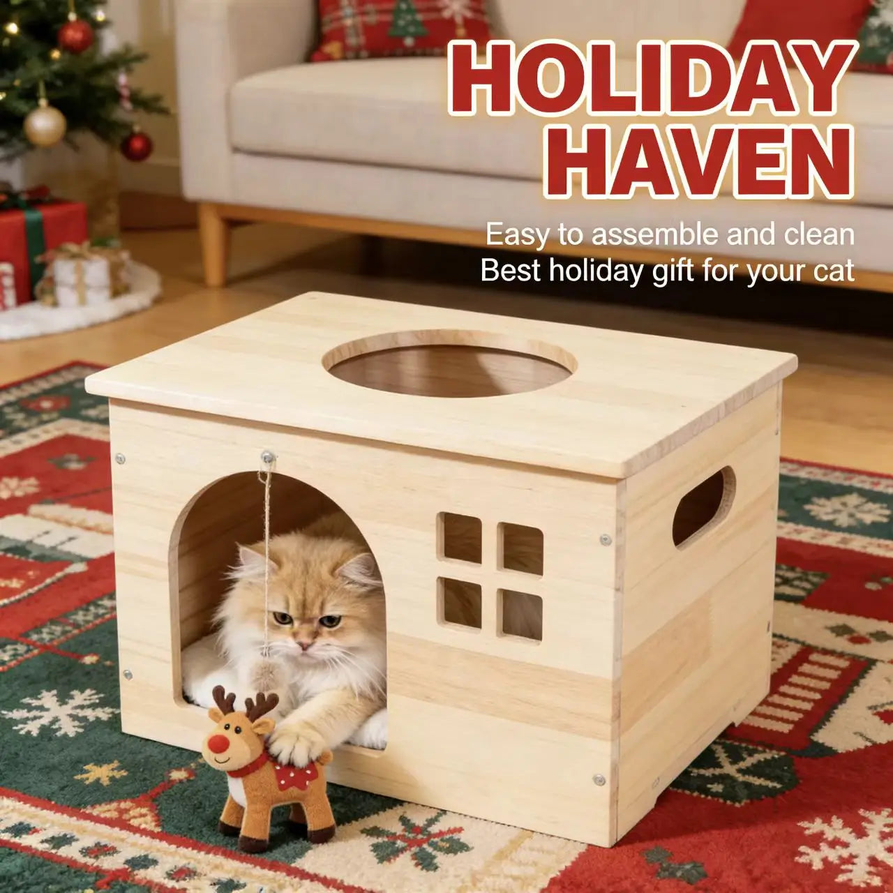 Multi-Functional Wooden Cat House - Table Top, Interactive Toy, For Indoor Cats