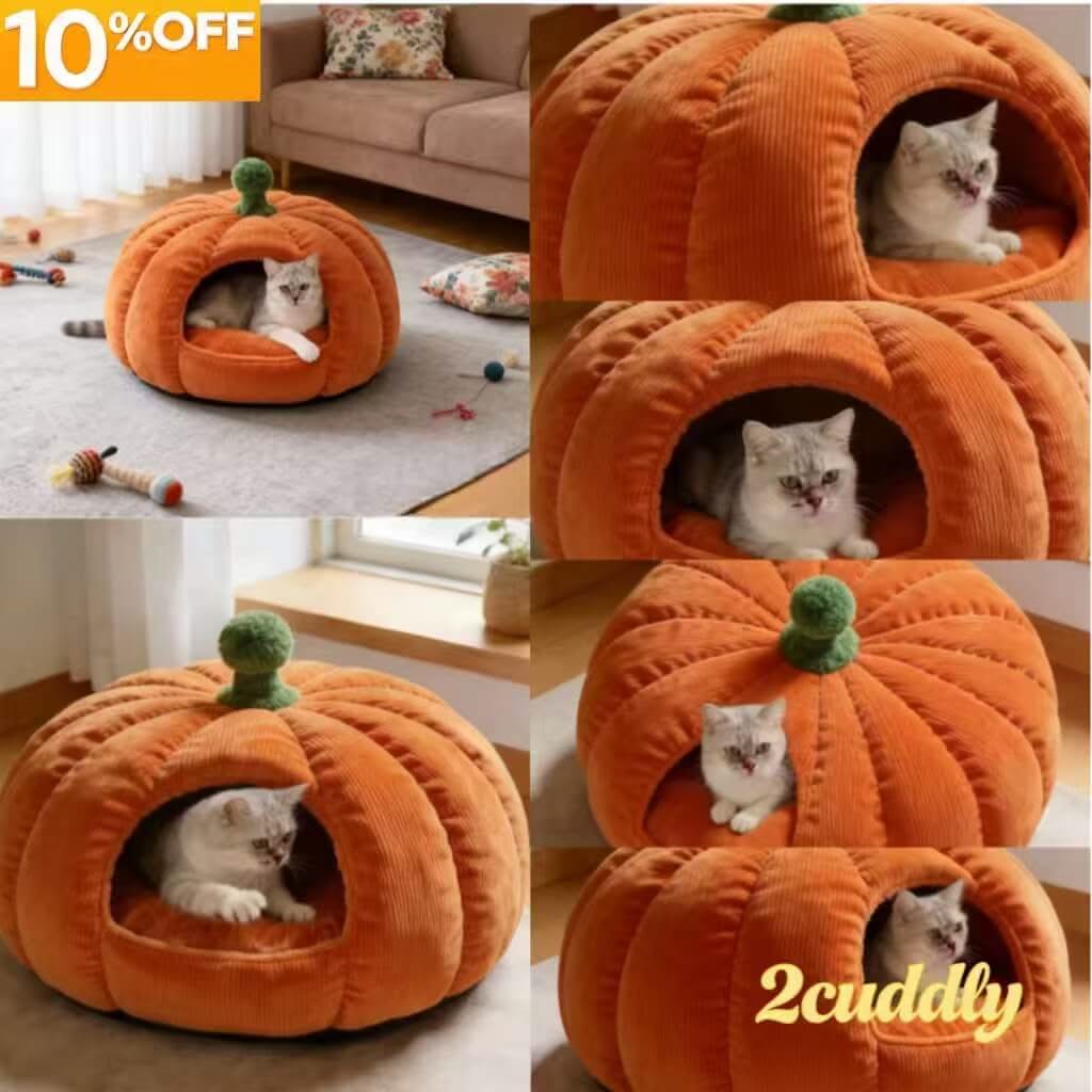 Pumpkin Shape Cat Bed , Corduroy Enclosed Design Orange for Cats