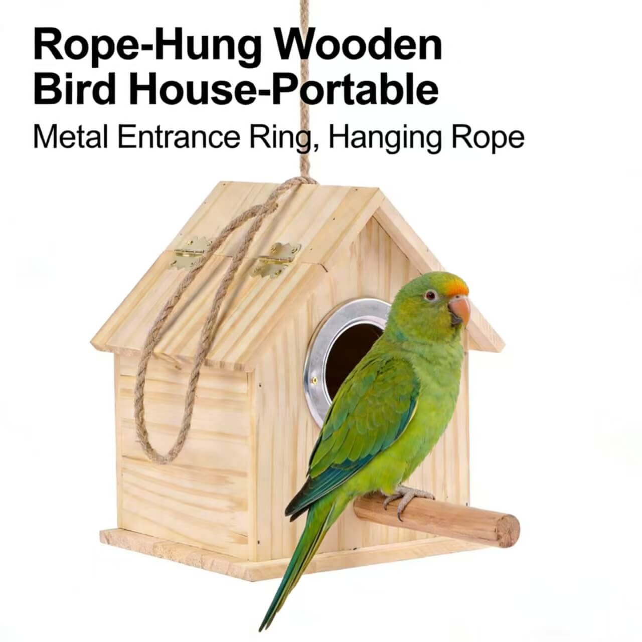 Portable Rope-Hung Wooden Bird House: Metal Entrance Ring Nest for Parrots