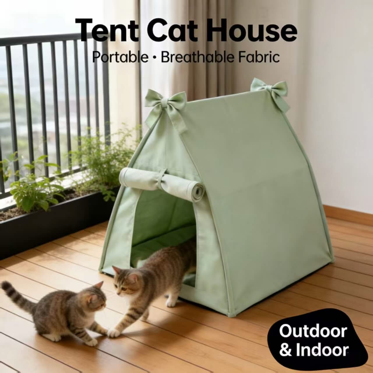 Private Pet Tent Bed for Cats - Mint Green, Bow Decor, Fabric, Cozy Hiding Spot
