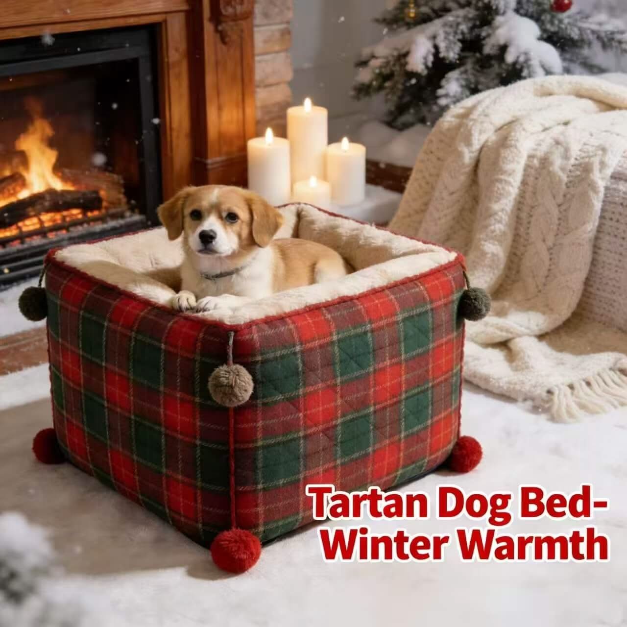 Winter Warmth Pet Bed for Dogs - Red-Green Tartan Plaid, Pom-Pom Decor, Soft Lining