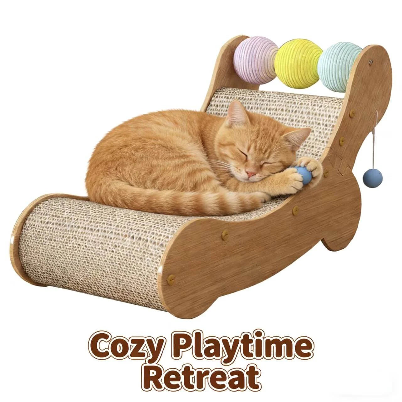 Scratching & Interactive Cat Scratcher Toy for Cats - Curved, Multi-Color Balls, Wood, Sisal