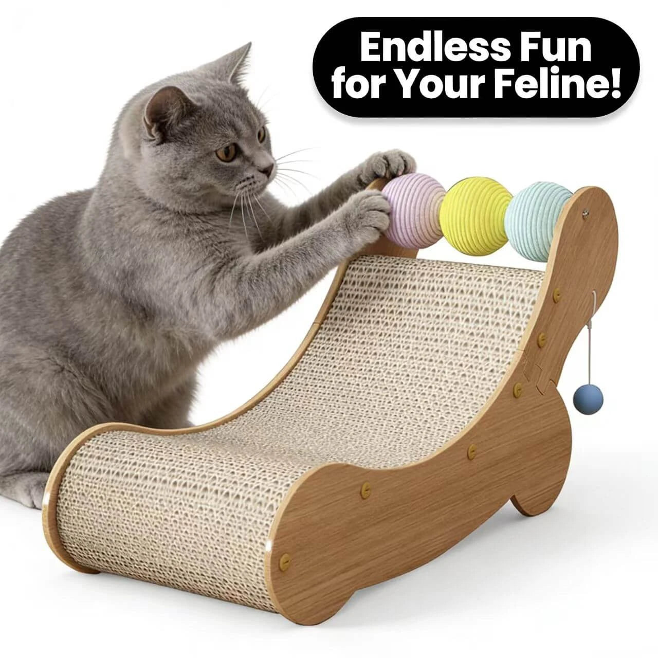Scratching & Interactive Cat Scratcher Toy for Cats - Curved, Multi-Color Balls, Wood, Sisal