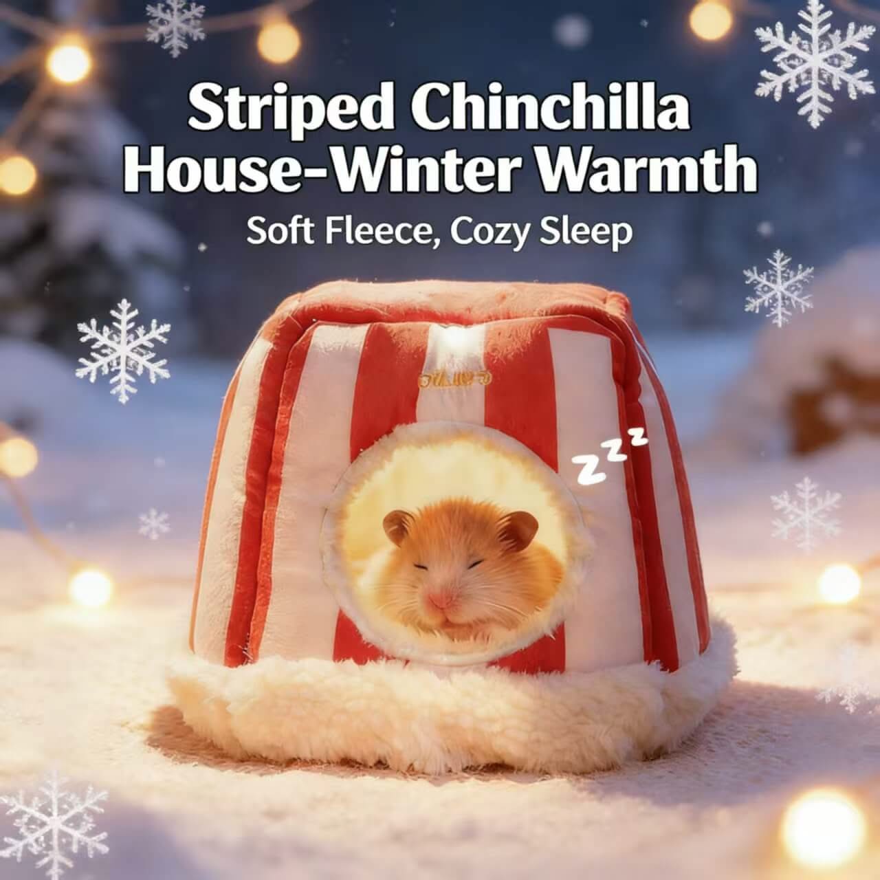 Winter-Warmth Chinchilla House for Chinchillas - Red-White Striped, Soft Fleece, Furry Trim