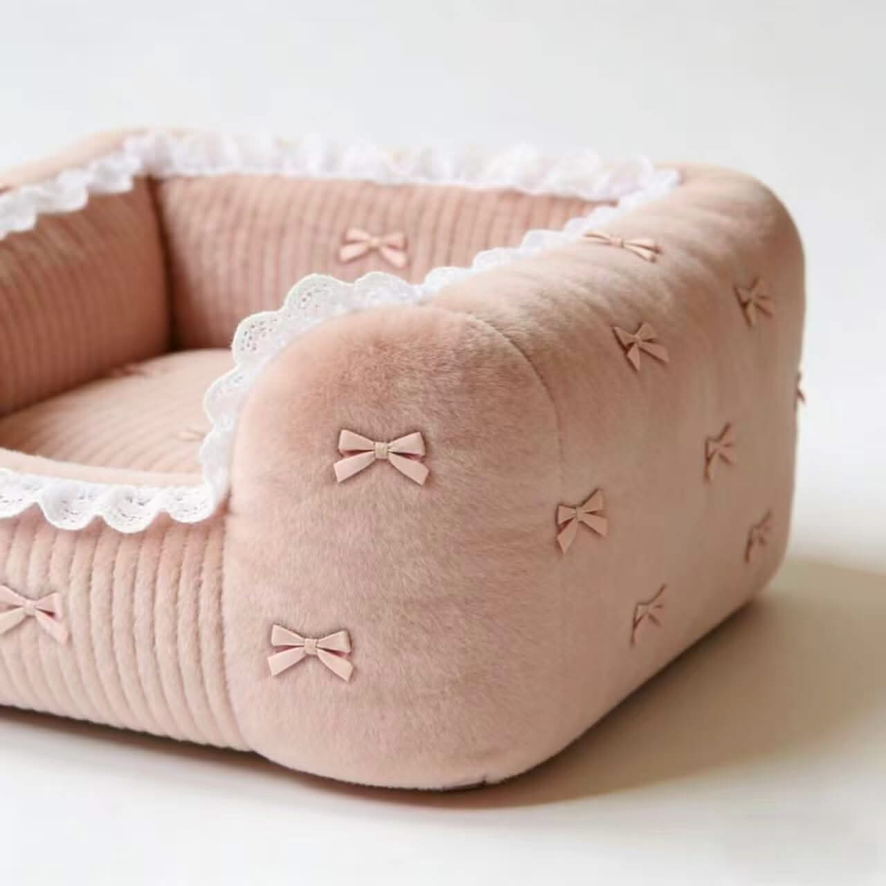 Charming Ruffled Pet Bed for Dogs - Bow Decor, Corduroy, Blush Pink, Soft Cushion, All-Season