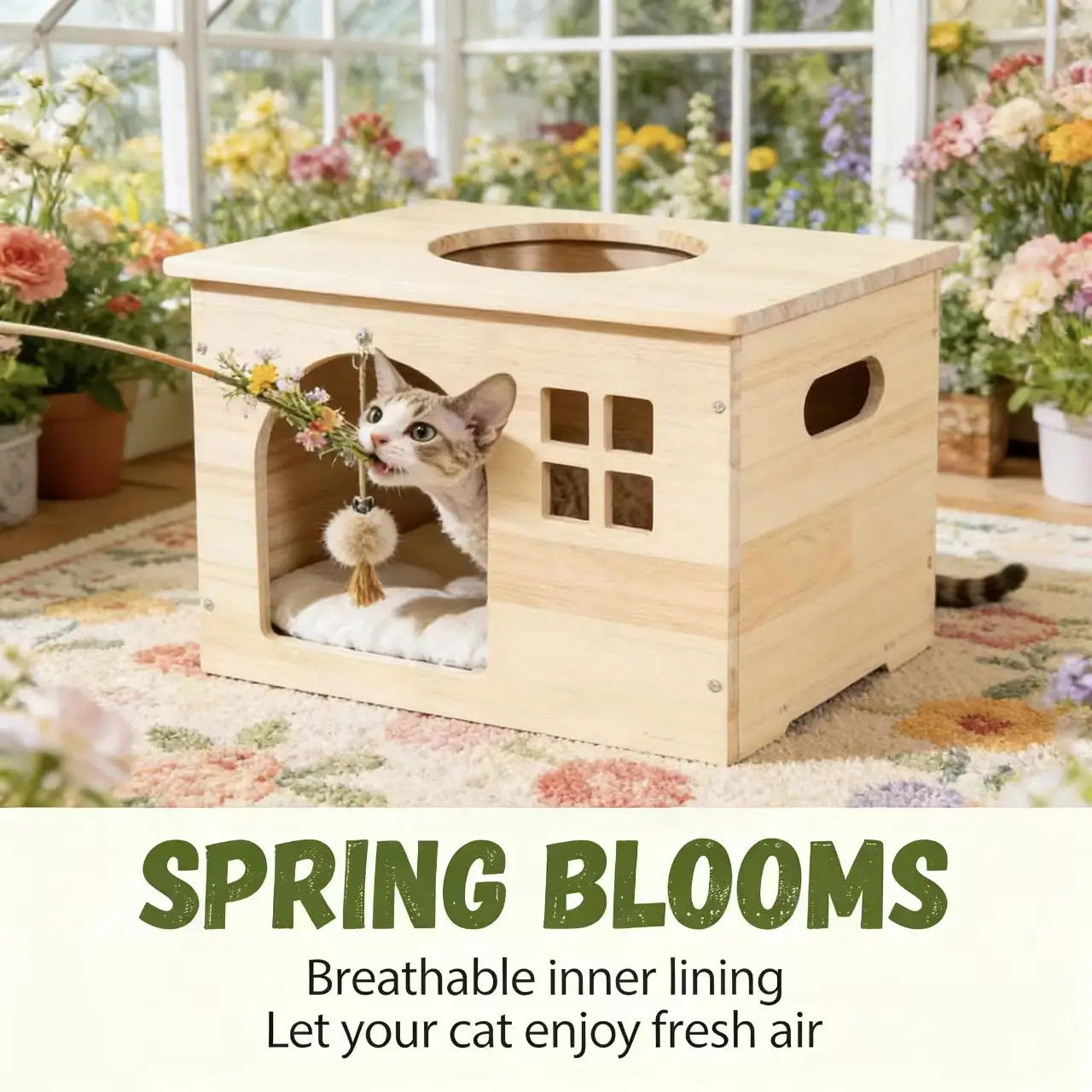 Multi-Functional Wooden Cat House - Table Top, Interactive Toy, For Indoor Cats