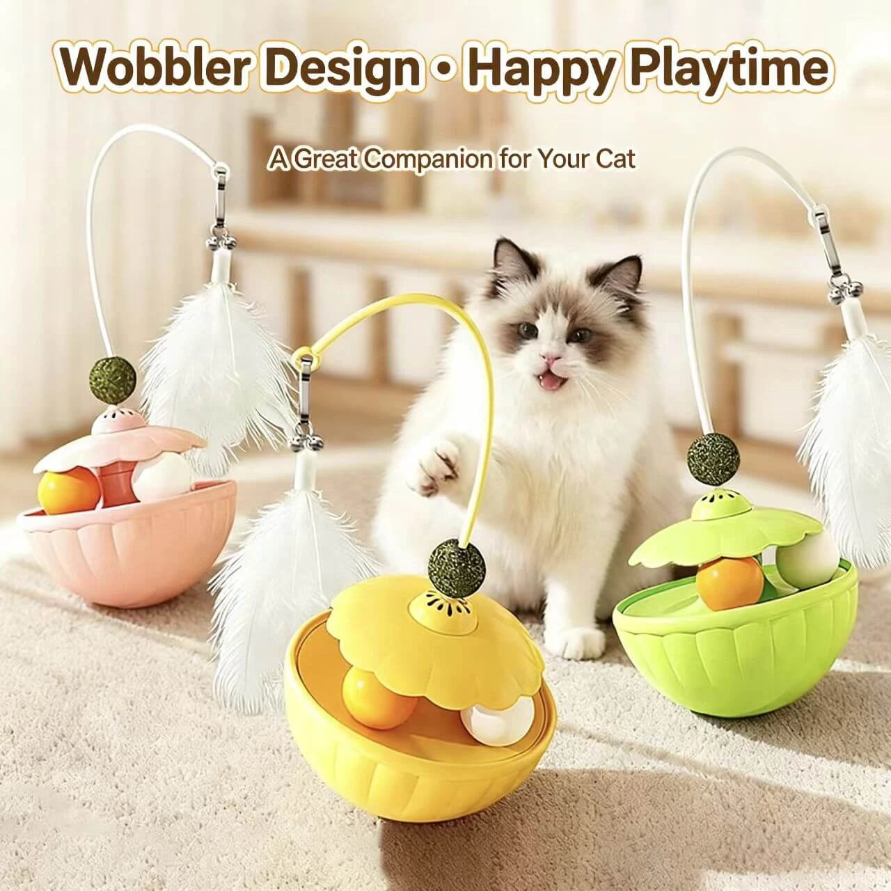 3-in-1 Cat Play Toy - Tumbler Base, Feather Wand & Rolling Balls, Yellow