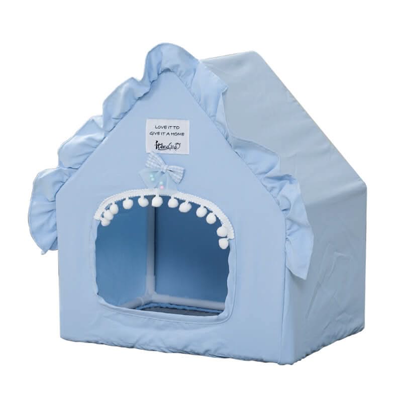 Home-Sweet Chinchilla House for Chinchillas - Blue House Shape, Ruffled Roof, Pom-pom Trim