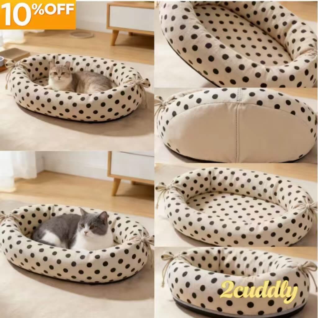 Polka Dot Oval Cat Bed , Cotton Tie Fasteners Machine Washable Black&White for Cats