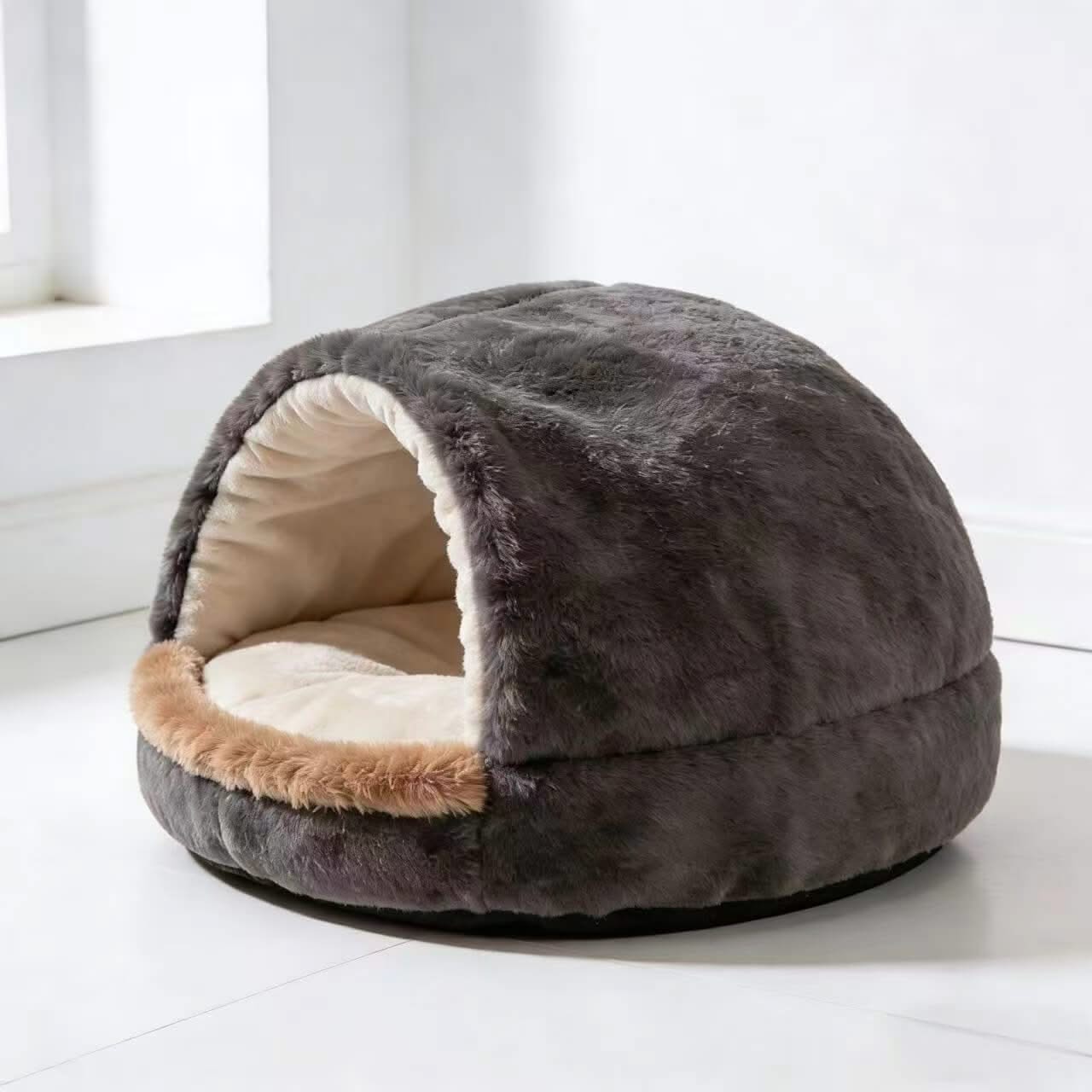 Cozy Pet Cave Bed for Dogs - Plush, Two-Tone, Gray-Beige, Warm Hiding Spot, All-Season
