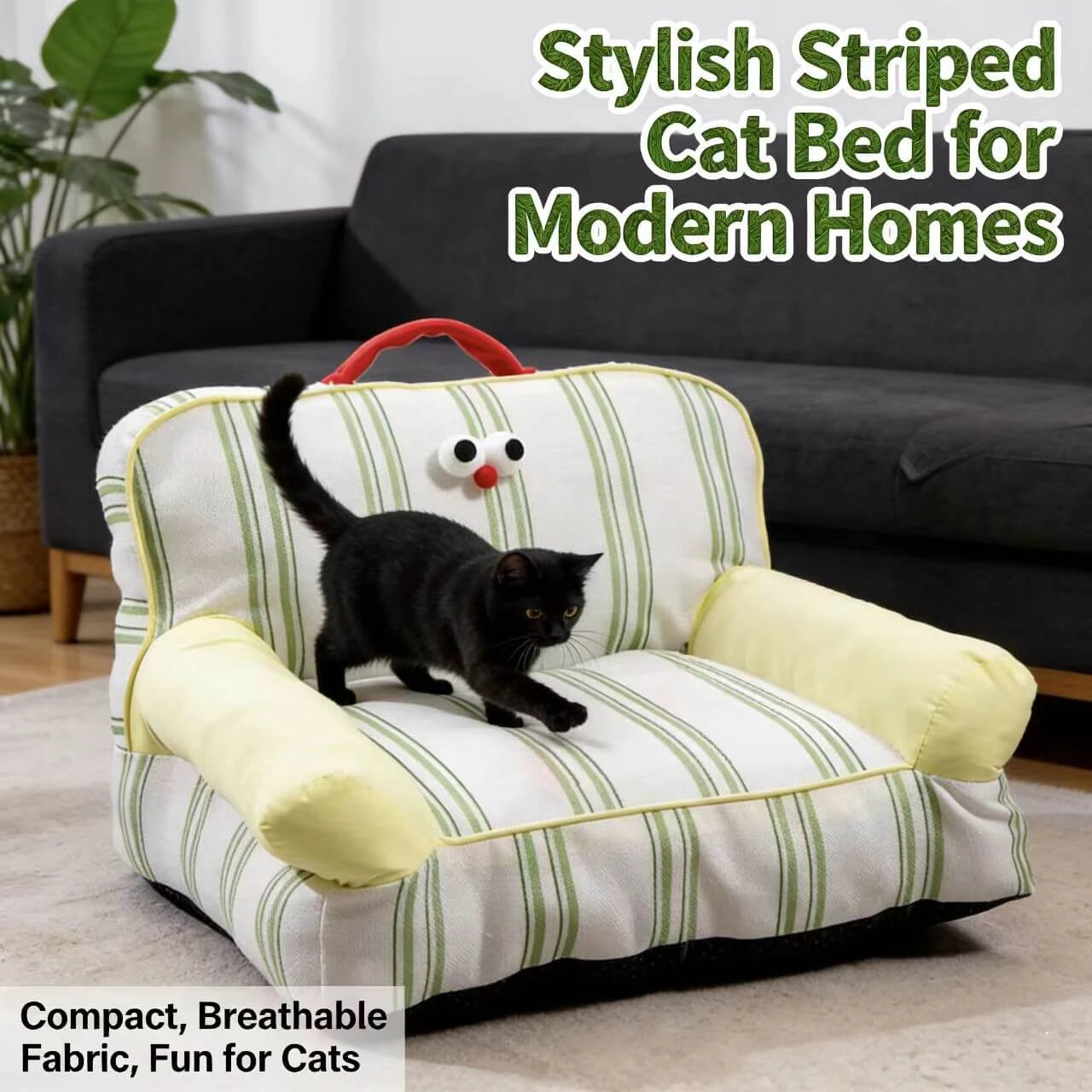 Soft Cushioned Pet Chair for Cats - Striped Linen, Cartoon Eyes, White/Green Rest Sofa