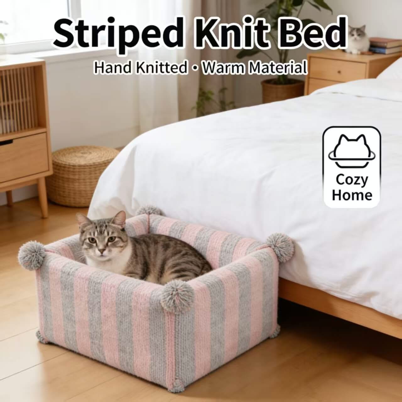 Cozy Knit Pet Bed for Cats - Pink-Gray, Striped, Square, Pom-Pom Corner Decor