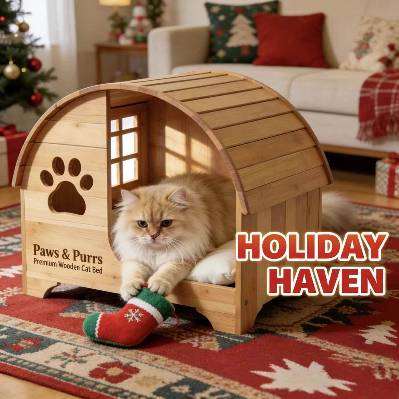 Rustic Cat House with Paw Cutout - Windowed, Removable Cushion, Pet Furniture