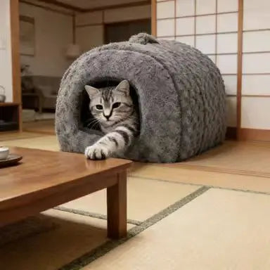 Plush Cave Cat Bed: Cozy Hideaway, Pom-Pom Decor (Gray)
