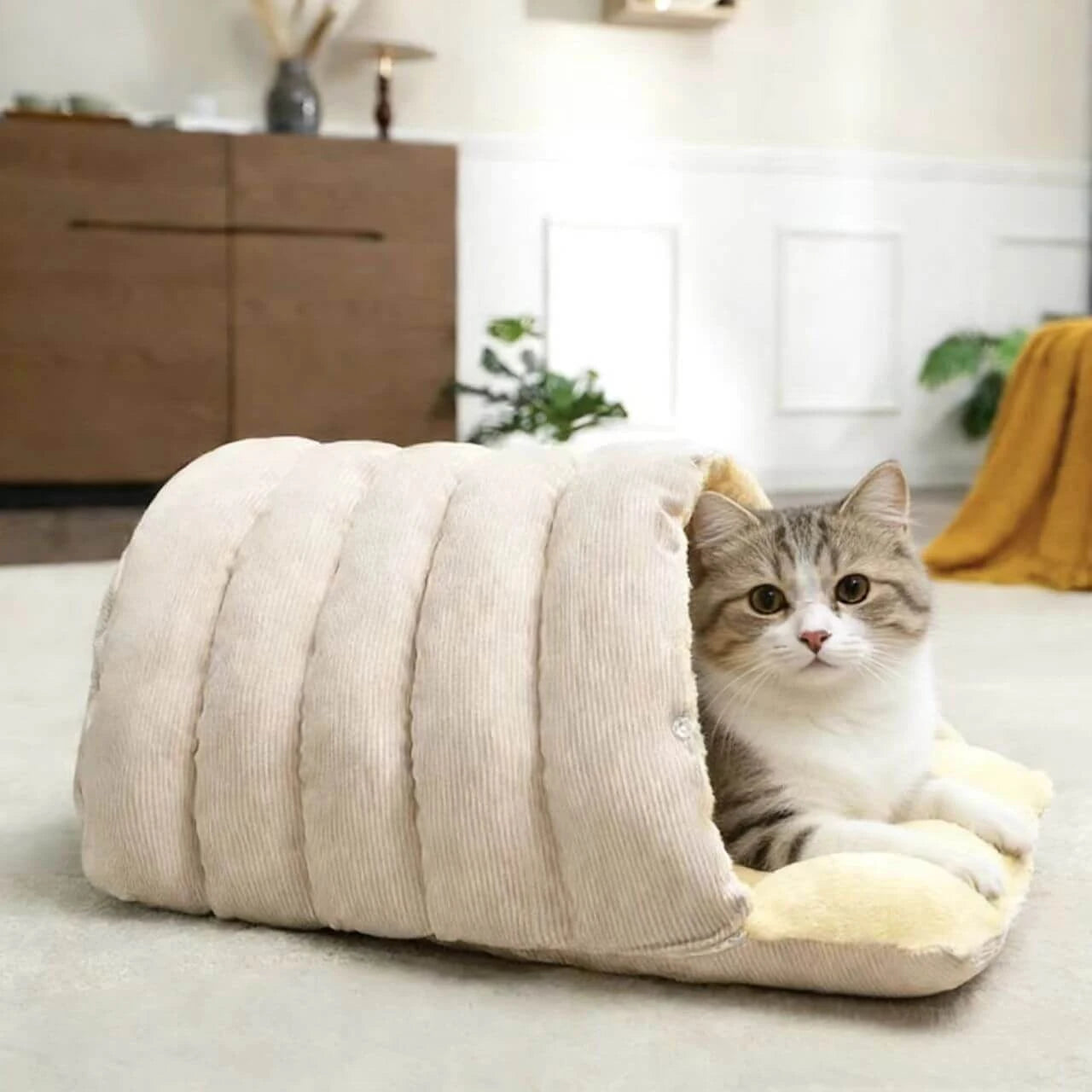 Indoor Cat Hideout Bed - Plush Lining, Cute Caterpillar Shape
