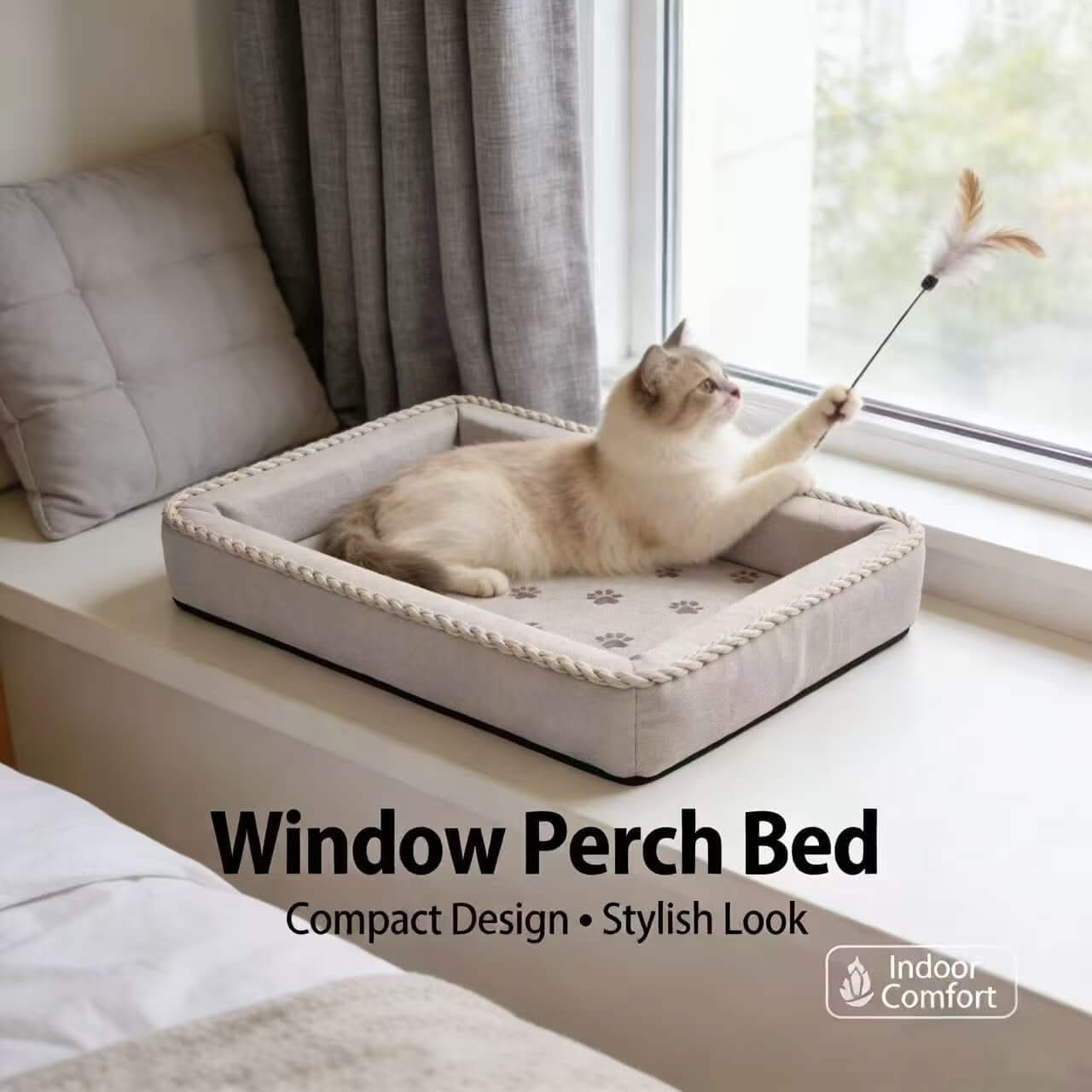 Cozy Pet Bed for Cats- Rope-Trimmed, Paw-Print Pattern, Soft Fabric, Light Gray, All-Season