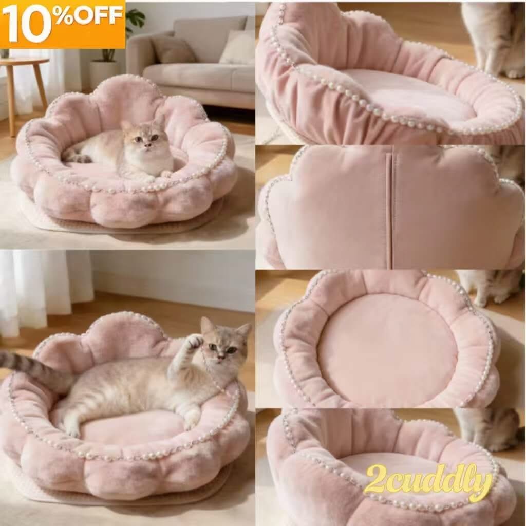 Pearl Flower Cat Bed, Velvet Pet-Safe Beads Pink for Cats