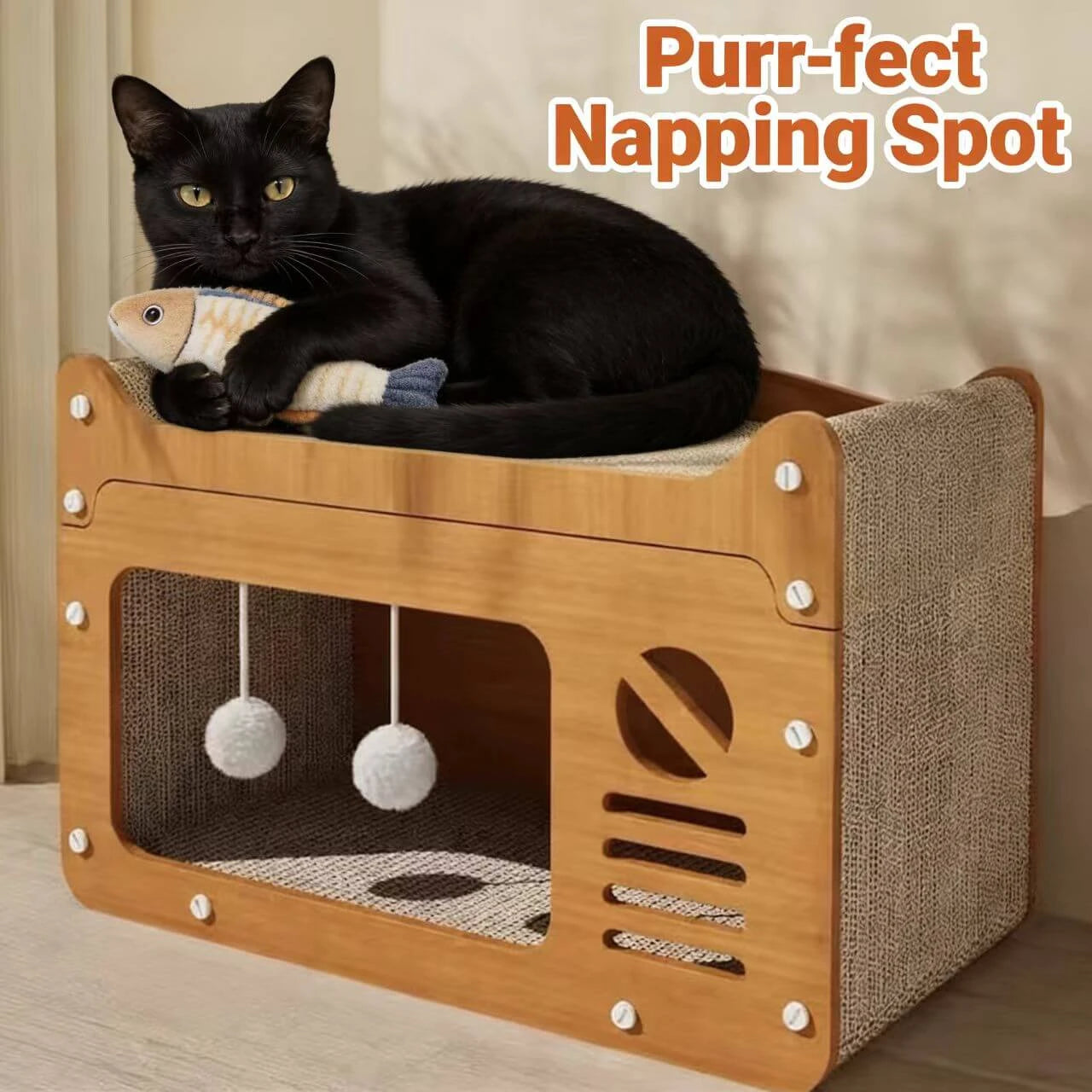 Rest & Scratching Interactive Cat House/Scratcher for Cats - Dual Pom-Poms, Wood, Sisal