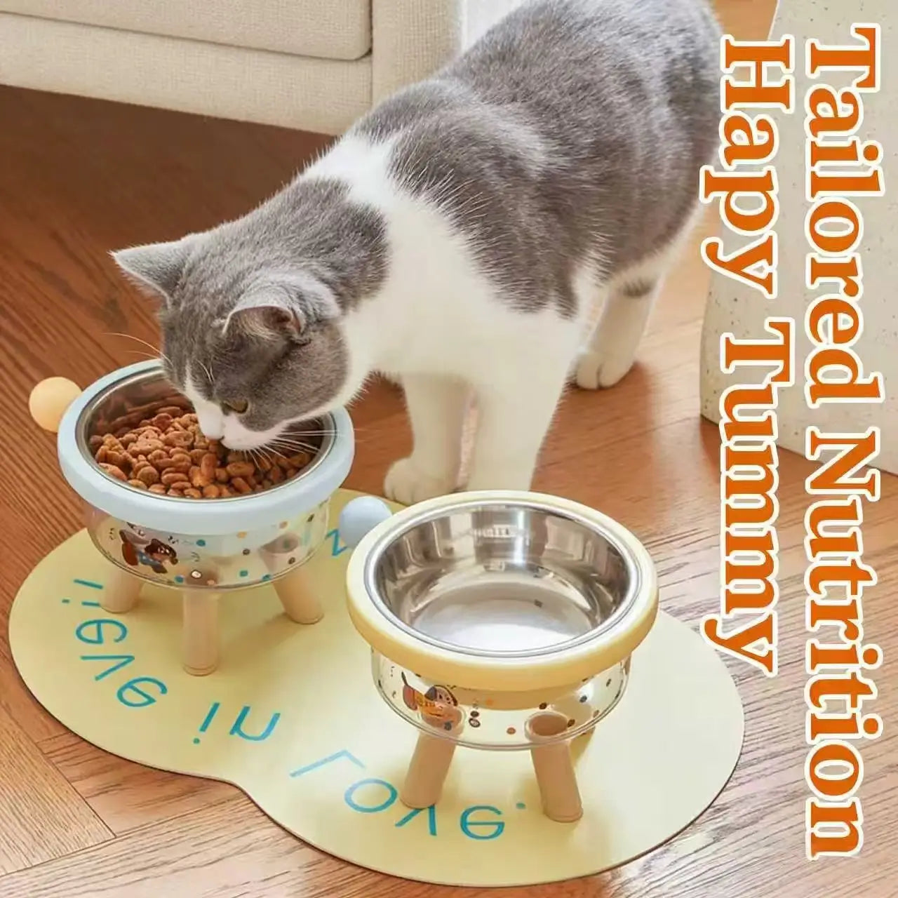 Elevated Cat Feeding Bowl: Ergonomic Design, Stainless Steel (Yellow/Blue)