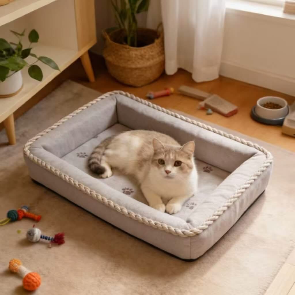 Cozy Pet Bed for Cats- Rope-Trimmed, Paw-Print Pattern, Soft Fabric, Light Gray, All-Season
