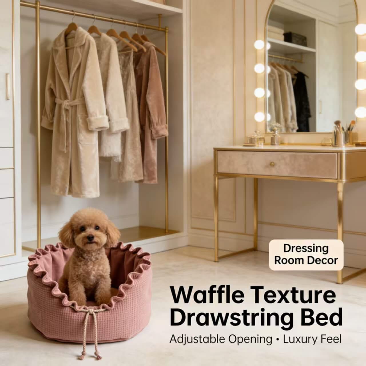 Dressing-Room Pet Bed for Dogs - Pink, Waffle Texture, Adjustable Drawstring, Luxury Feel