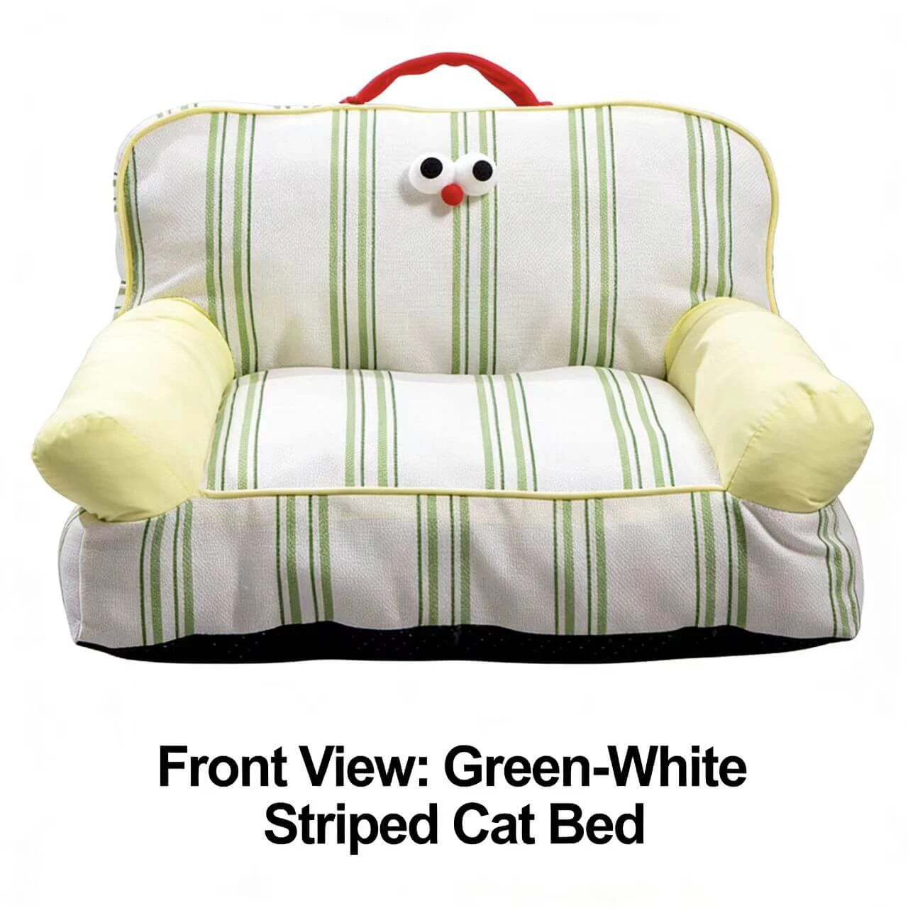 Soft Cushioned Pet Chair for Cats - Striped Linen, Cartoon Eyes, White/Green Rest Sofa