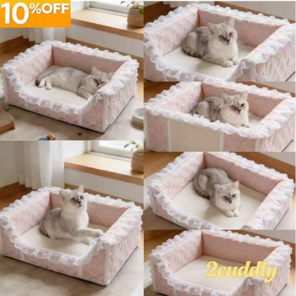 Lace Trimmed Square Cat Bed , Soft Fabric Pink for Cats