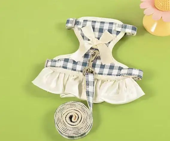 Escape-Proof Cat Harness & Leash: Ruffled Skirt & Bow, Plaid Design