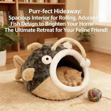 Plush Pet Cave Bed, Fish-Style, Brown/Gray, Secure, Comfortable Sleeping Bed for Cats