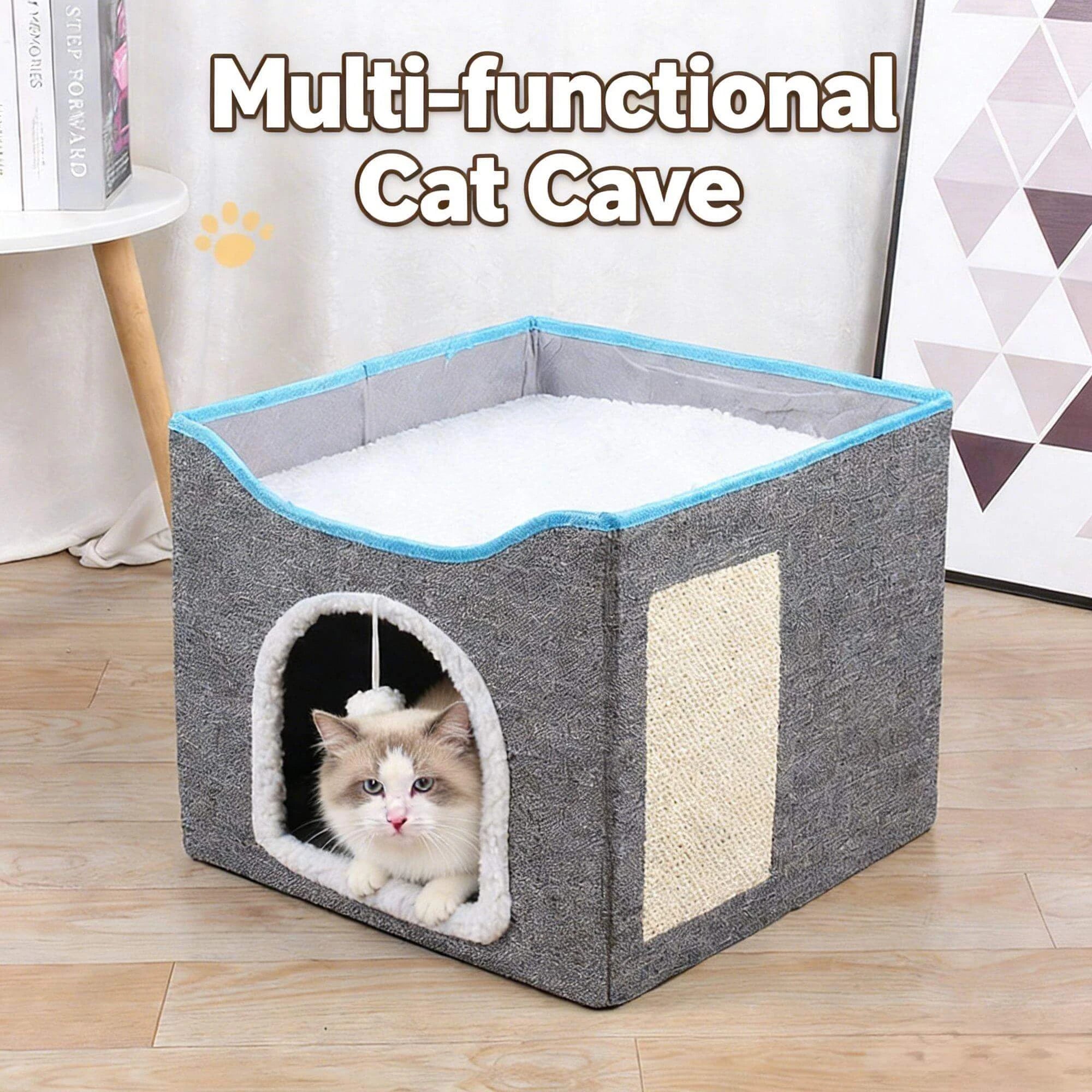 "Foldable Multi-Functional Cat Bed for Cats – Sturdy, Interactive Toy, Scratching Pad, Cozy Hideaway (Gray)"