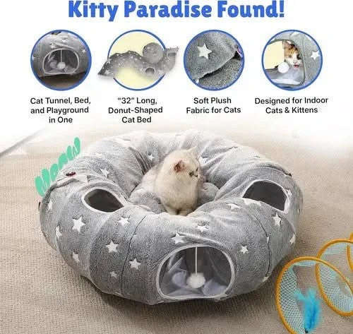 Luxurious Plush Interactive Donut Cat Tunnel Bed with Dual Peekaboo Holes