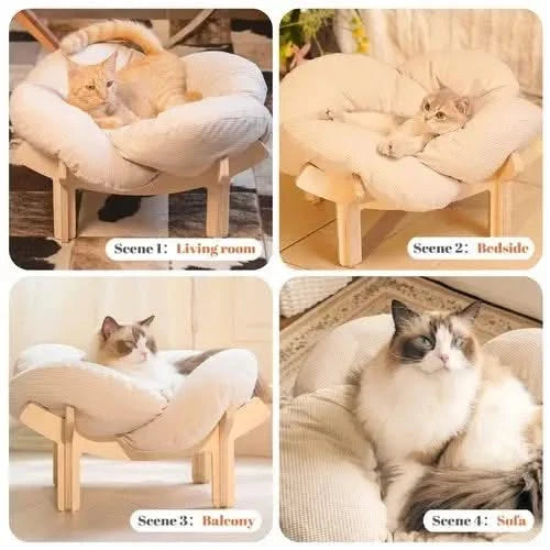Elevated Wooden Cat Bed Sofa with Plush Cushion for Indoor Comfort
