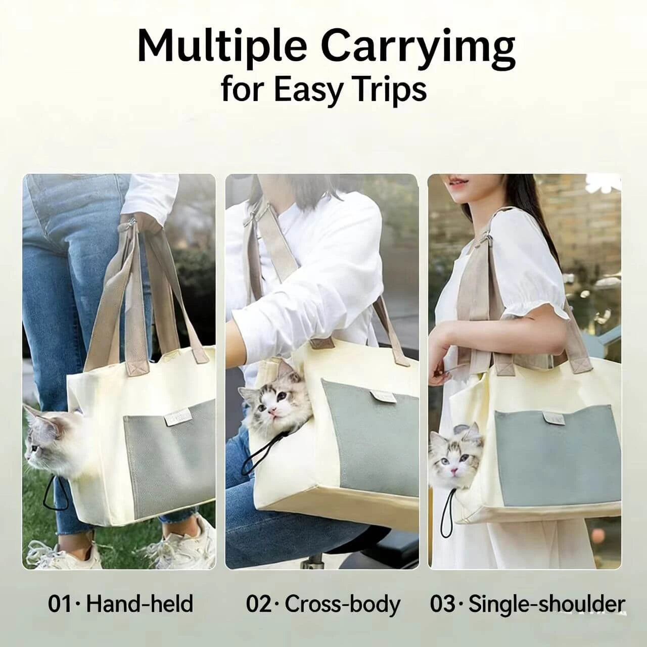 Travel Pet Tote Carrier - Stylish Color-Block, Adjustable, Beige & Green