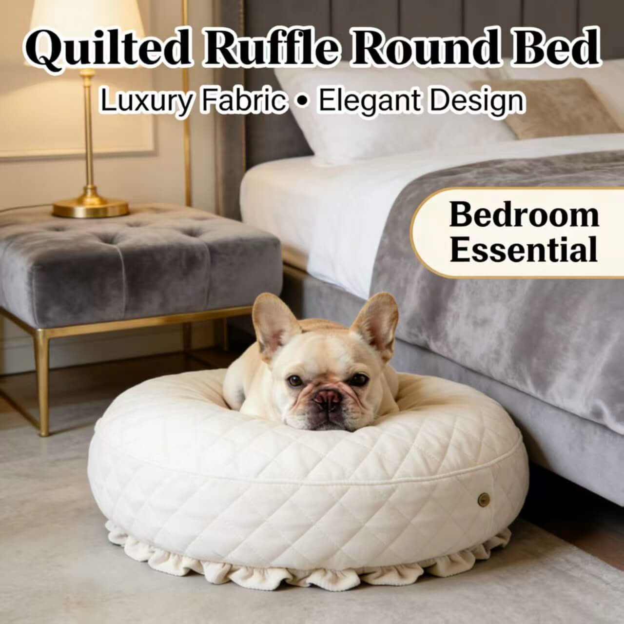 Bedroom-Essential Pet Bed for Dogs - Round, White, Quilted Ruffle, Luxury Fabric, Elegant Design