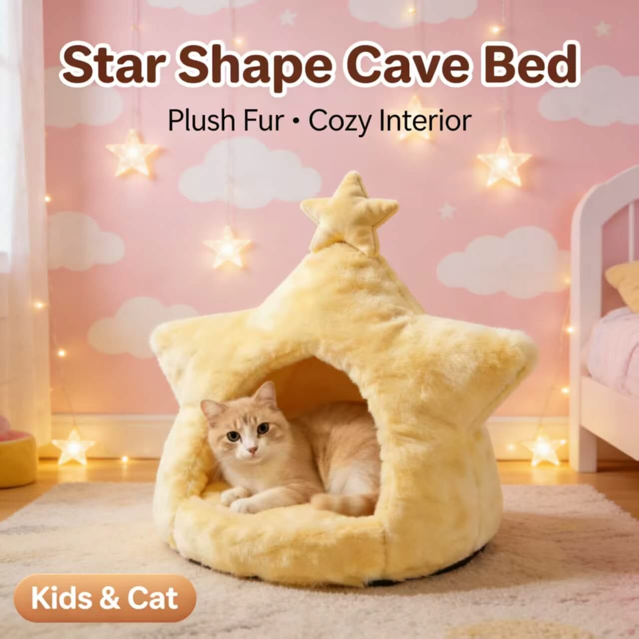 Star-Shaped Pet Cave Bed for Cats - Yellow, Plush Fabric, Cozy Hiding Spot