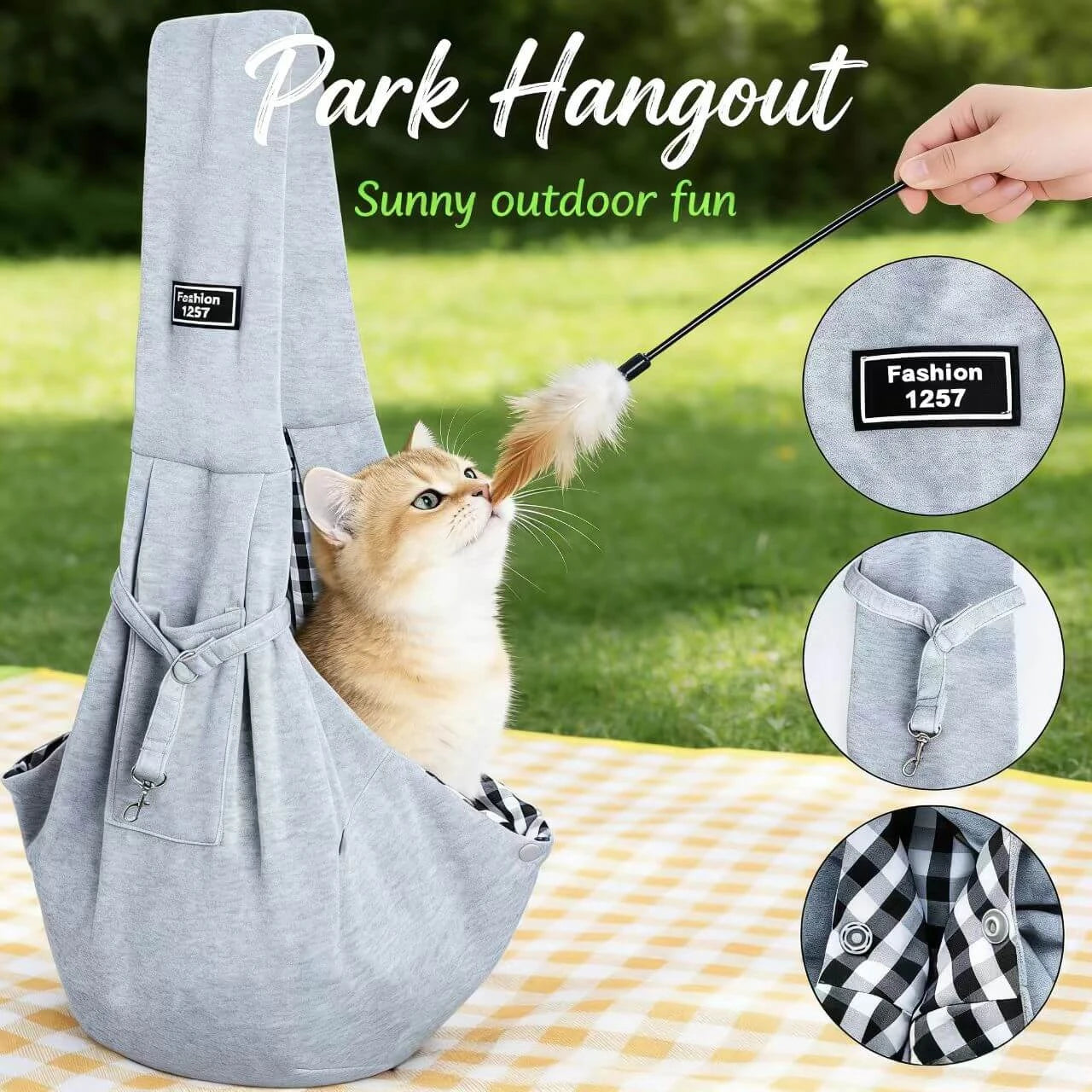 Fashion Pet Sling Bag - Secure Clip, Plaid Interior, Gray