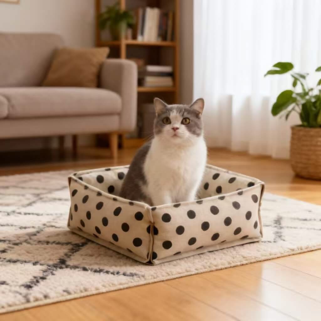 Polka Dot Pet Bed for Cats - Beige-Black, Square, Soft Fabric, Cozy Cushion, All-Season