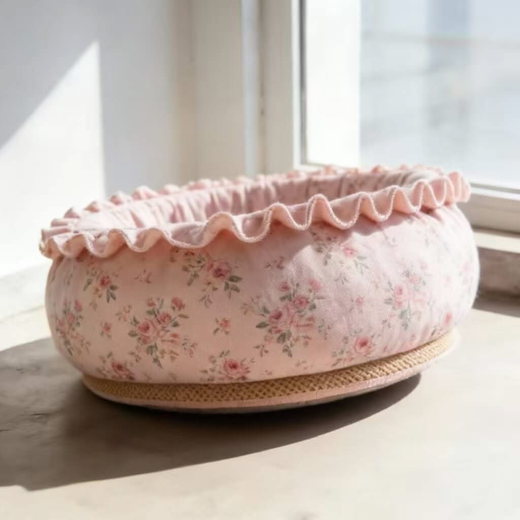Floral Ruffled Pet Bed for Cats - Pink, Frilled Design, Soft Fabric, Cozy Cushion, All-Season