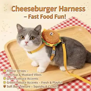 Escape-Proof Cat Harness: Cute Hamburger Plush, Breathable Mesh